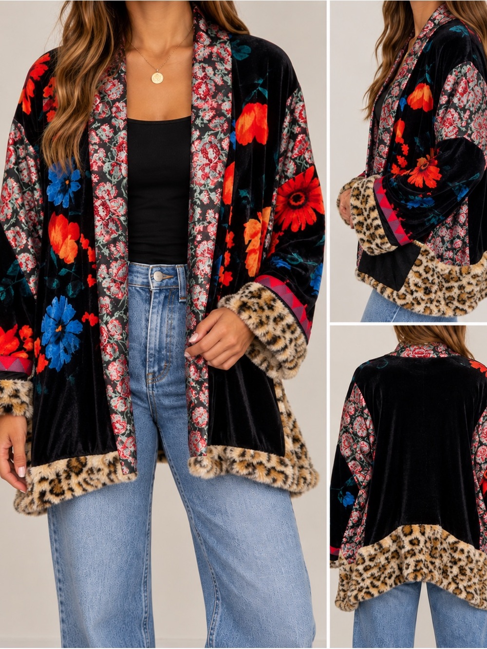 Zara Trafaluc Floral Velvet Leopard Faux Fur Trim Kimono Jacket Size M